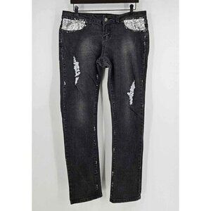 Jane Doe Dark Wash Stretch Skinny Jeans Distressed Silver Sequin Pockets Sz 11